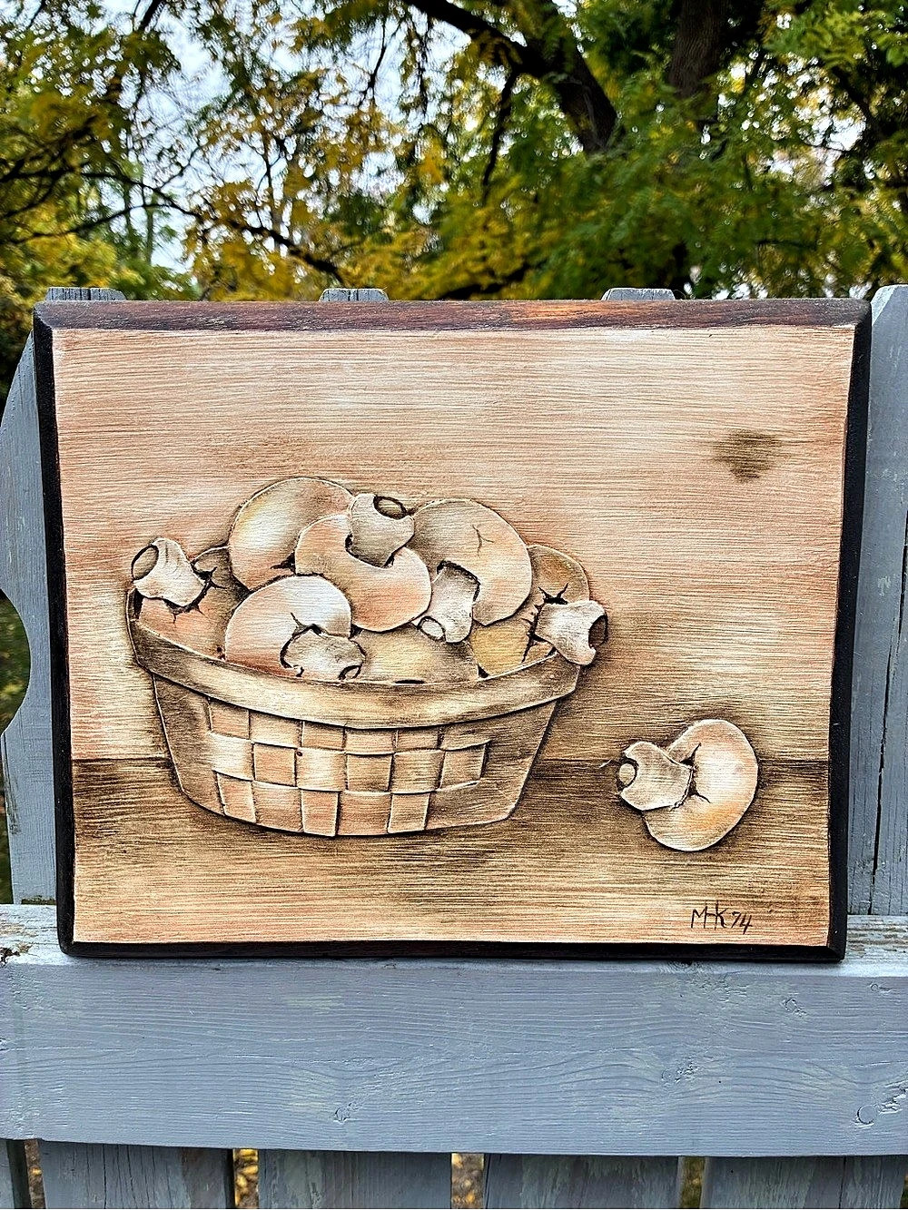 Vintage Hand-carved Wood 3D Mushroom Basket Wall Folk Art OOK